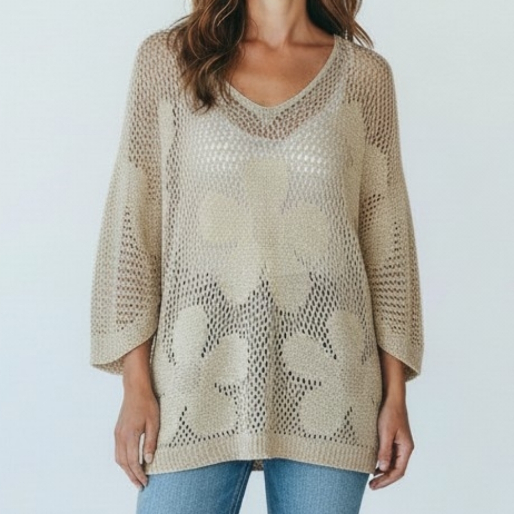 UCHUU  Light Beige Sparkly Crochet V-Neck Sweater with Floral Motif Size Large